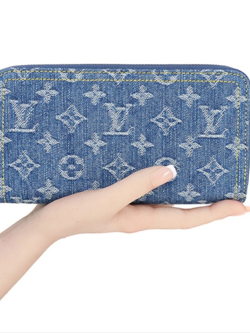 Cotton Denim Alongated Multi Compartment Blue/White Monogram Branded Logo Wallet